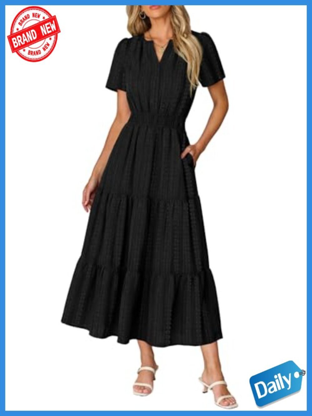 A-Line Maxi Dress with Pockets, Breathable Lightweight, V-Neck Short Sleeve,